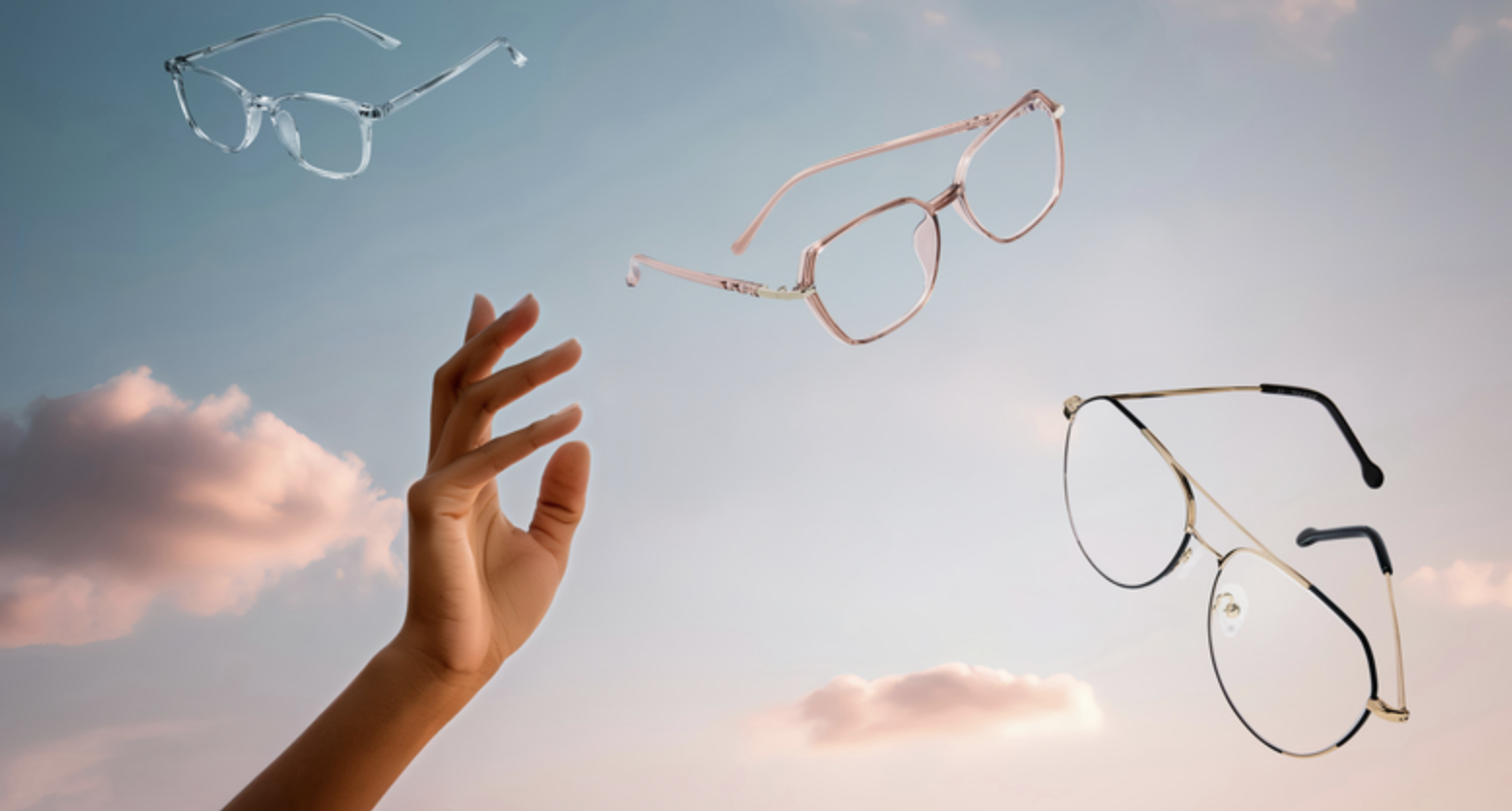 A hand reaches for pink glasses floating in a cloudy blue sky