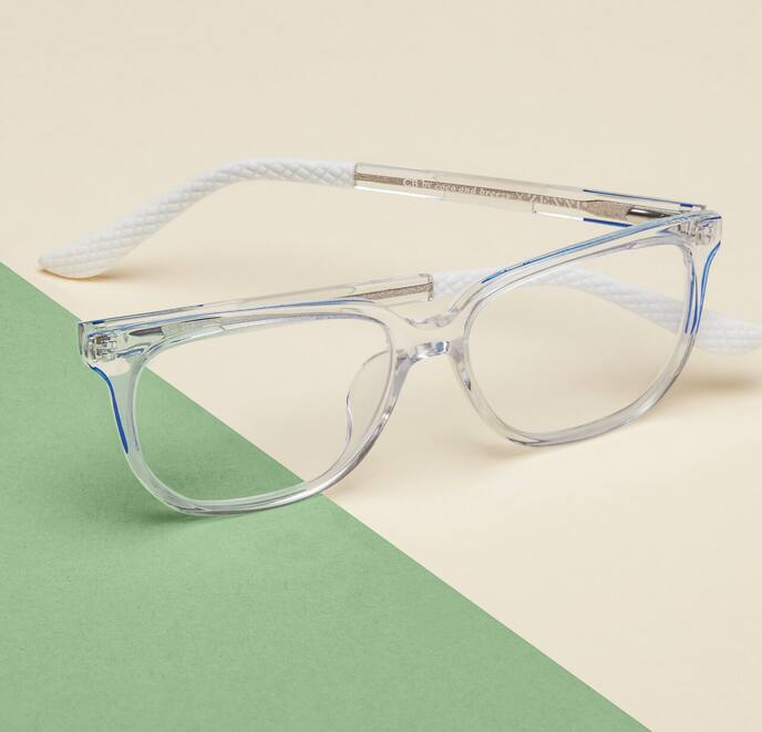 Zenni clear rectangle glasses #4448123 I am fearless, against a cream and green background
