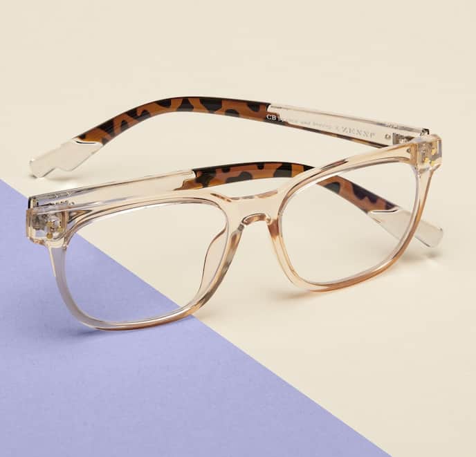 Zenni brown square glasses #2034115 I am grateful, against a cream and purple background.