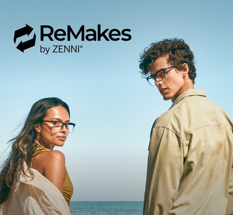Image of a man and woman under the sun, wearing Zenni ReMakes glasses.