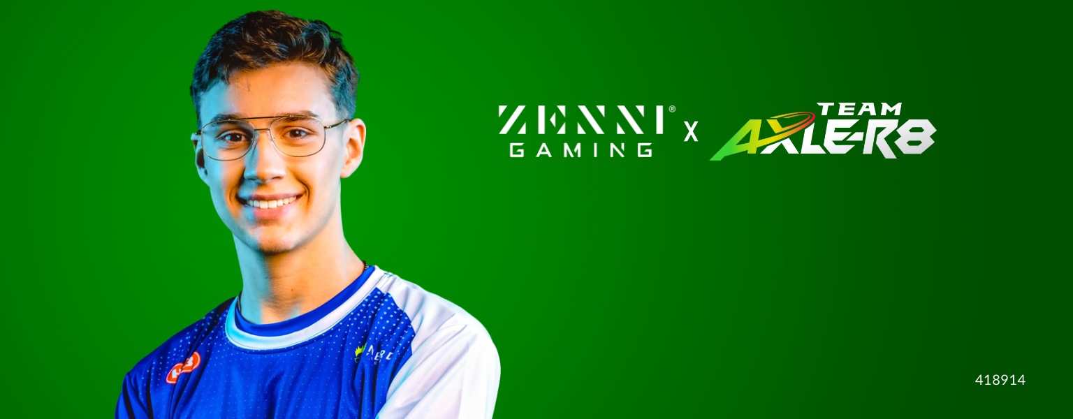 Image of Marcello ‘Bambii’ Aedo wearing Zenni aviator glasses #418914, against a green background with the words ‘Zenni gaming x Team Axle-R8’ behind him.