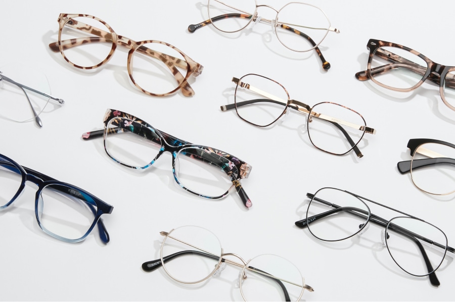 Image of a collection of Zenni glasses, against a white background.