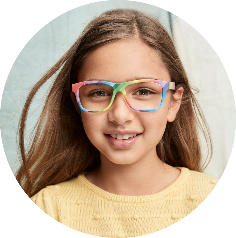 Image of a young girl wearing rainbow frames and a yellow sweater.