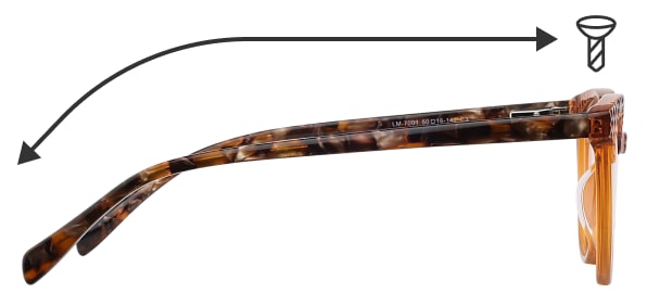 Image of a profile shot of zenni glasses with carbon fiber temple arms. There is a line above the glasses pointing from the frame front to the end of the temple arms.