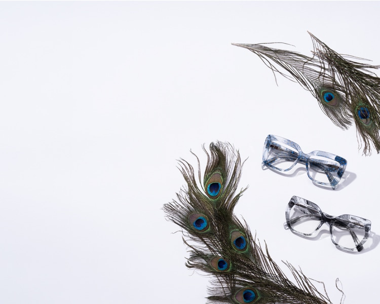 Peacock feathers next to blue feather-patterned transparent glasses and black feather-patterned transparent geometric glasses.