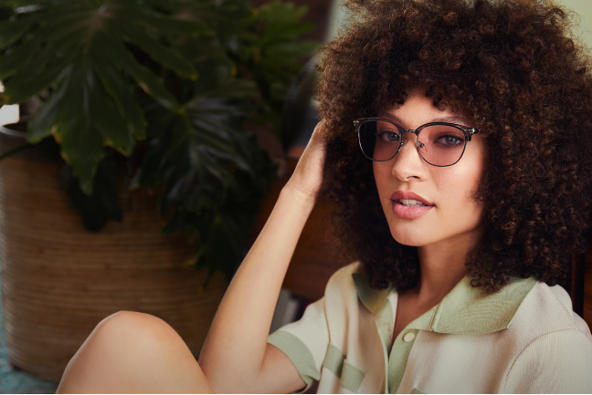 Woman wearing on-trend Zenni FL-41 Glasses for Migraines.