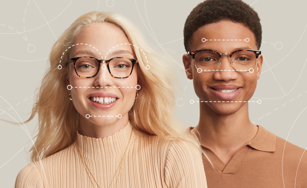 Image of two person wearing Zenni square and browline glasses, with dotted lines over their faces showing the various dimensions of their faces.