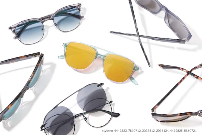 Image of a variety of pairs of Zenni sunglasses, including clip-ons.