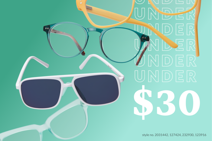 Image of 4 pairs of Zenni glasses on a background of gradient mint green with the phrase ‘under $30’.